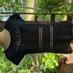 TSE Black Crochet Boho Cap Sleeve Scoop Back Cotton Linen Blend Summer Top